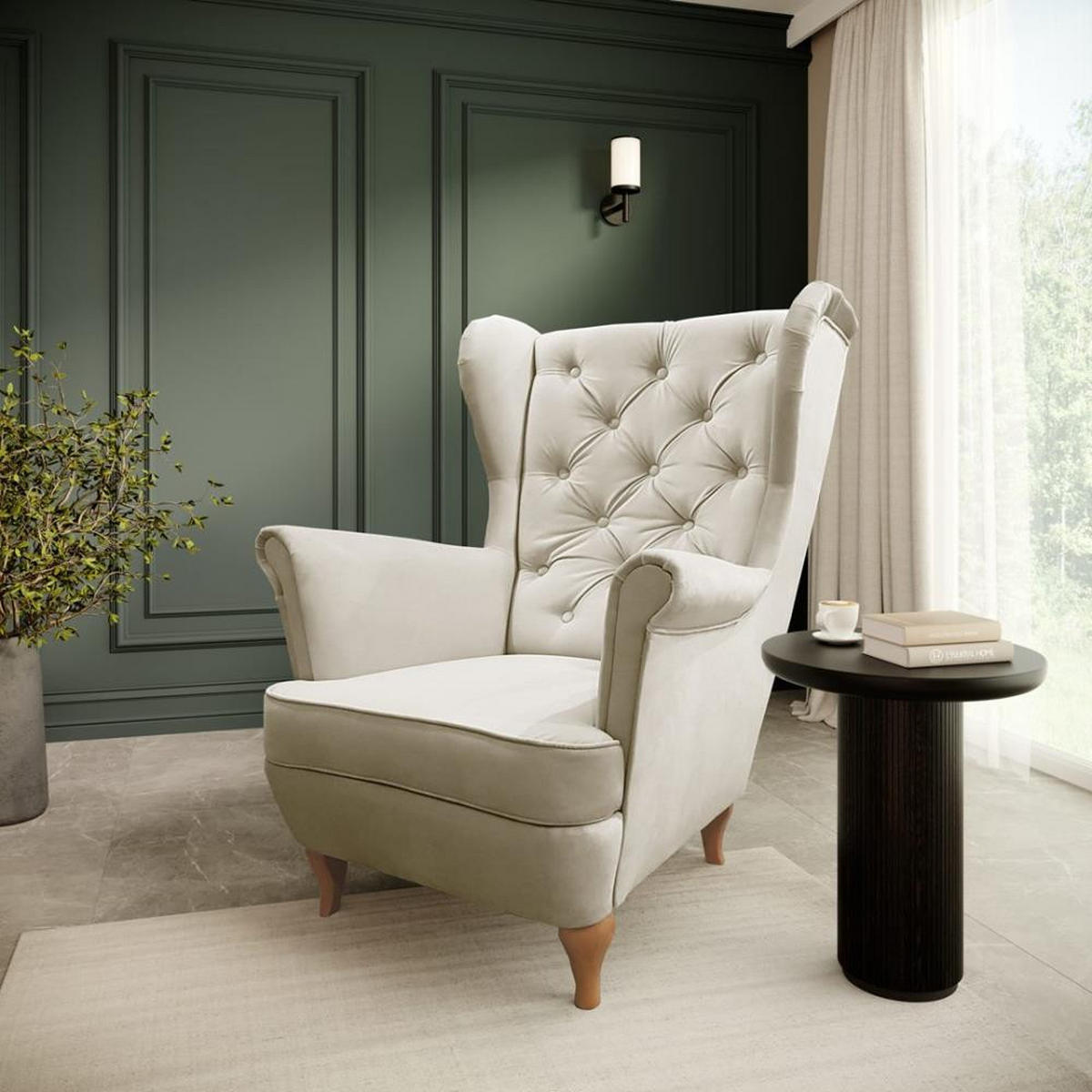 CHESTERFIELD-SESSEL Falco beige mit Holzbeinen - Beige/Buchefarben, Holz/Textil (82/102/92cm) - Beautysofa