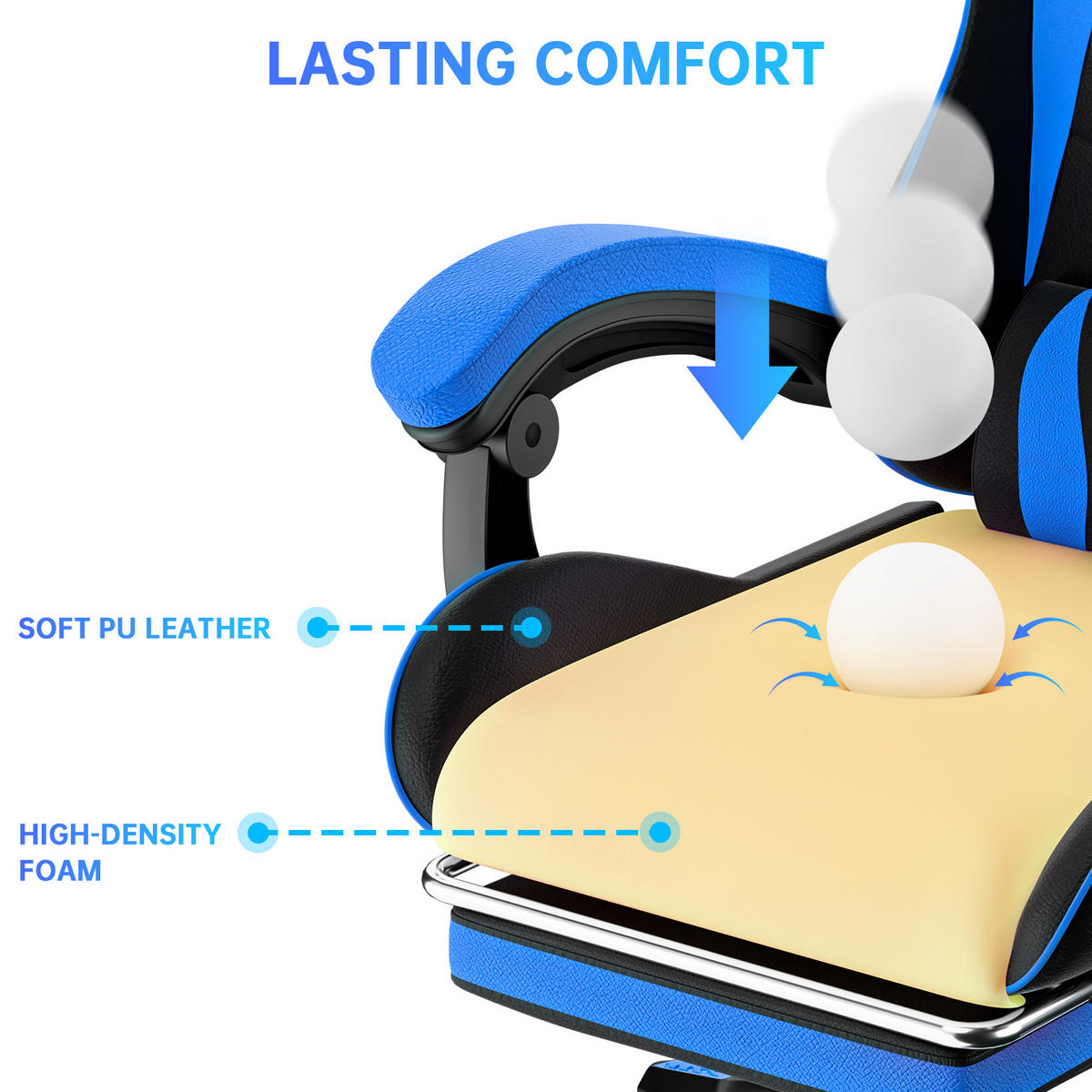 GAMINGSTUHL Schwarz-Blau Racing ergonomisch mit Fußstütze,Leder - Blau, Metall (29/59/79cm) - Rattrix