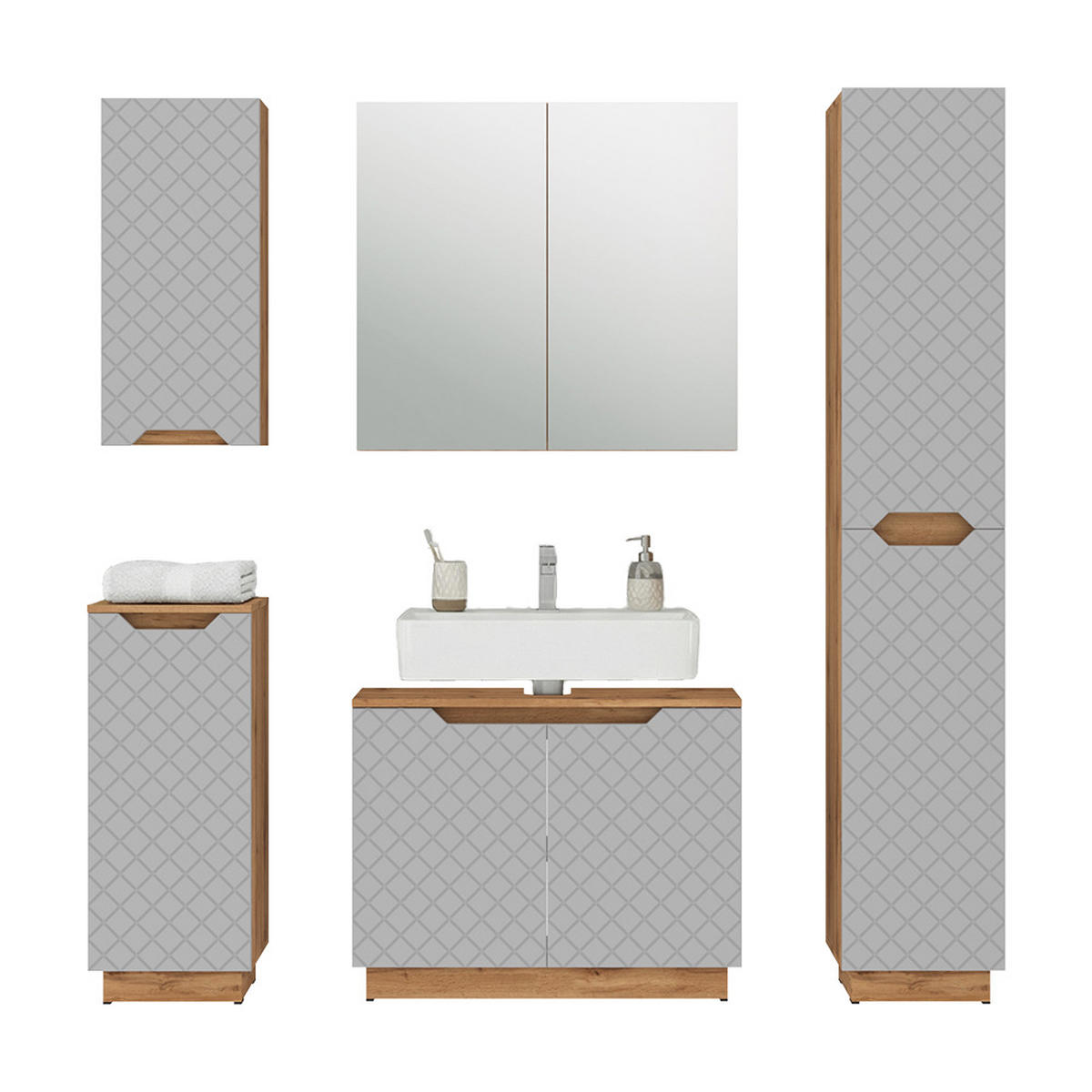 BADMÖBEL-SET Lotta Eiche/Grau mit Kachelstruktur 5 Teile - Grau, Holzwerkstoff (79.6/62.1/32cm) - Vicco