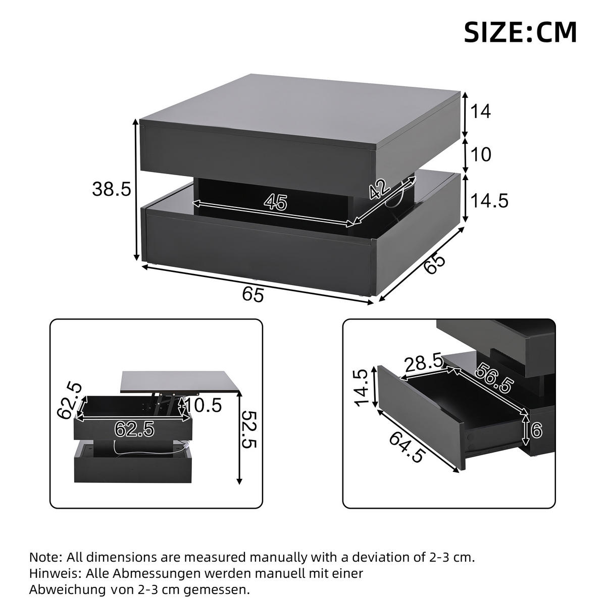 KONFERENČNÍ stolek, 65/65/38,5 cm černý, výklopná deska, 2 zásuvky a LED osvětlení - černá, kompozitní dřevo (65/65/38.5cm) - BEAOK