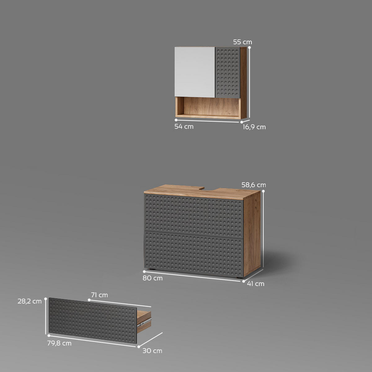 BADMÖBEL-SET Ronco Anthrazit gestreift 2 Teile - Eichefarben/Anthrazit, Holzwerkstoff (80/58/41cm) - Livinity®