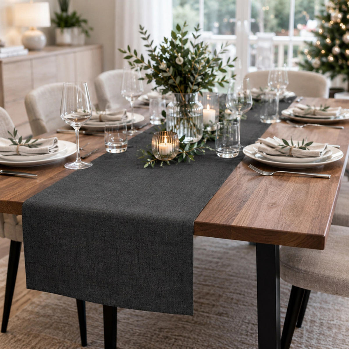 TISCHLÄUFER Dunkelgrau 40×160cm Leinenoptik, wasserabweisend & waschbar - Dunkelblau, Textil (40/160cm) - SHOPENTRA