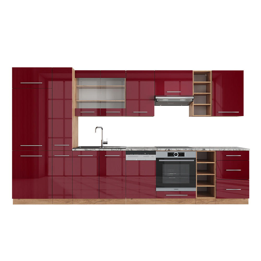 KÜCHENZEILE Fame-Line Bordeaux Hochglanz/Goldkraft Eiche 355 cm ohne AP - Bordeaux/Eiche Wotan, Holzwerkstoff (355/81.6/46cm) - Vicco