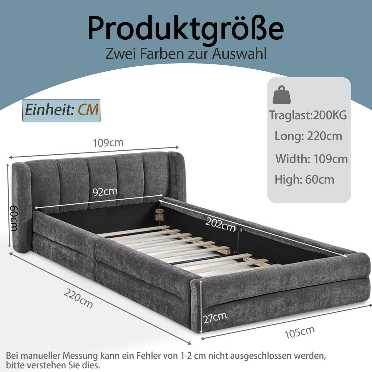 EINZELBETT 90x200 cm Chenille Rückenlehne grau - Dunkelgrau, Kunststoff (90/200cm) - LEBENLANG