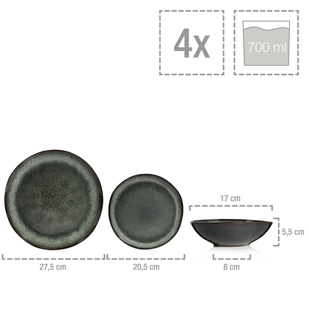 TAFELSERVICE KOPENHAGEN - 12 teilig aus Steingut - Dunkelgrün, Keramik (37/37/40cm) - Sänger