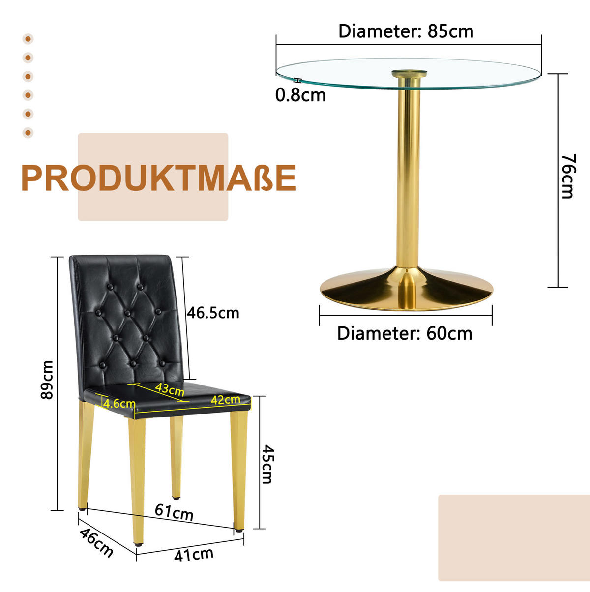 ESSGRUPPE aus Glastisch und 4 Stühlen 85 cm Schwarz/Gold - Multicolor, Metall (85/76/85cm) - Meubliv