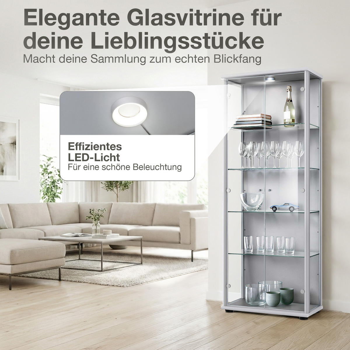 GLASVITRINE 33/67/176 cm mit LED & 4 höhenverstellbaren Glasböden - Transparent/Silberfarben, Glas/Holzwerkstoff (67/176/33cm) - K-Möbel