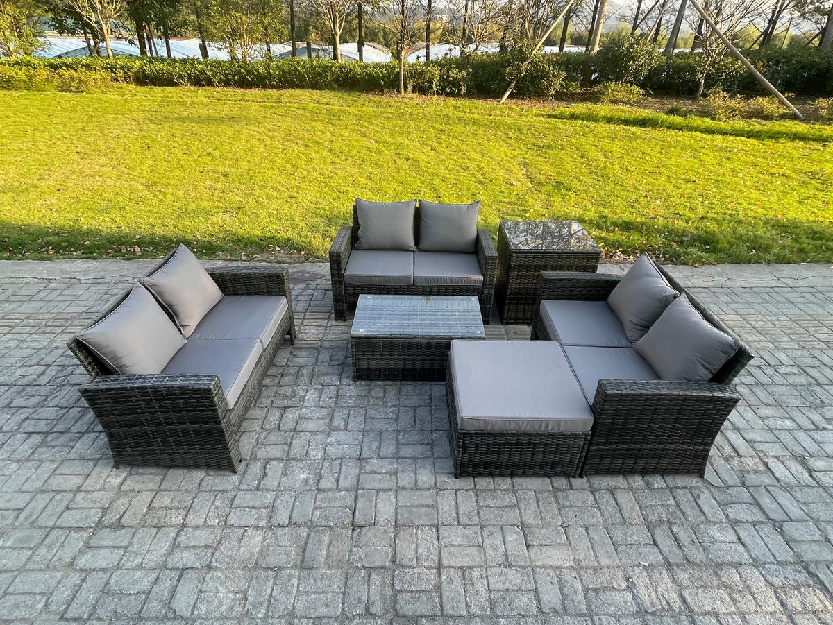 GARTENMÖBEL-SET SOFA COUCHTISCH MIT HOCKER BEISTELLTISCH Polyrattan Dunkelgrau Gemischt 7-Sitzer - Dunkelgrau, Metall - Fimous