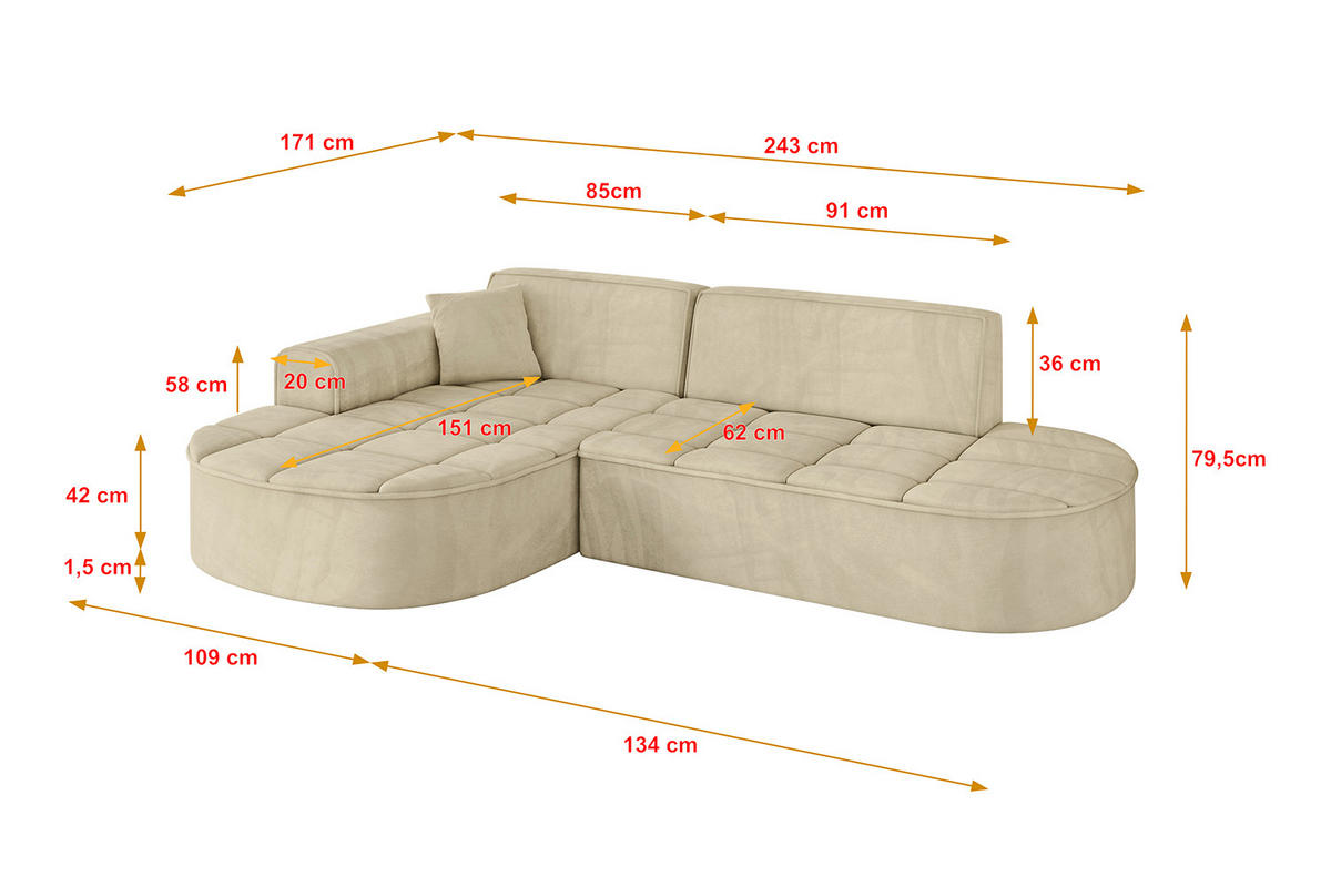 ECKSOFA Ottomane Links TARO-L1 - 243x171x79,5 cm Beige - Beige, Holzwerkstoff/Textil (243/171cm) - ALTDECOR