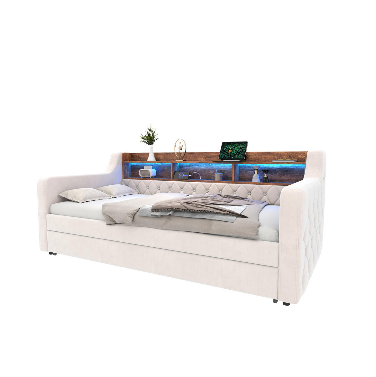 POSTEĽ z velúru 90/190 cm béžová, rozkladacia s úložným priestorom, LED a USB-C - béžová, textil (90/190cm) - BEAOK
