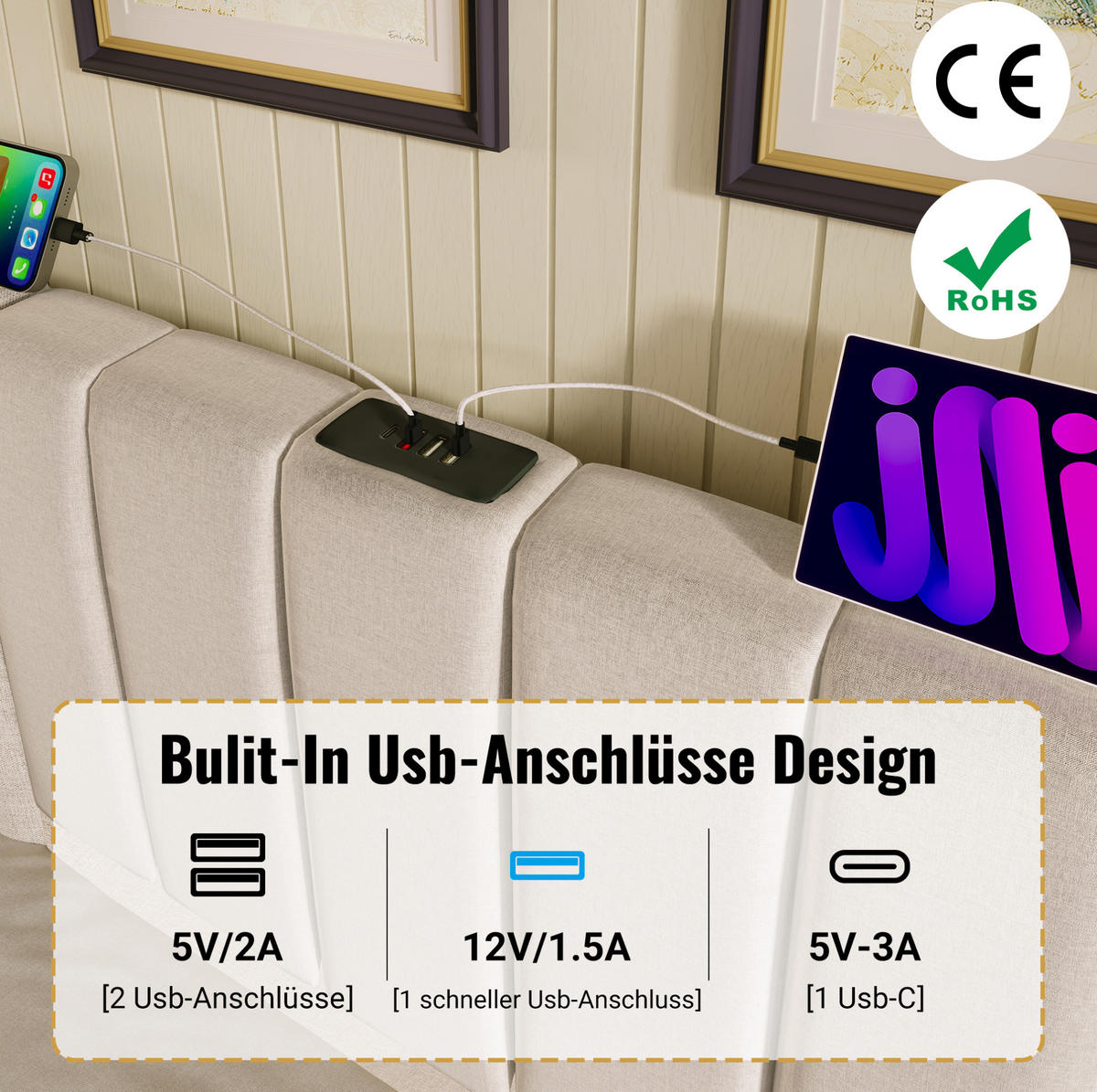 POLNJENA postelja iz lanene tkanine 180x200 cm bež z LED osvetlitvijo, USB-C in hidravličnim prostorom - bež, tekstil (180/200cm) - Modfu