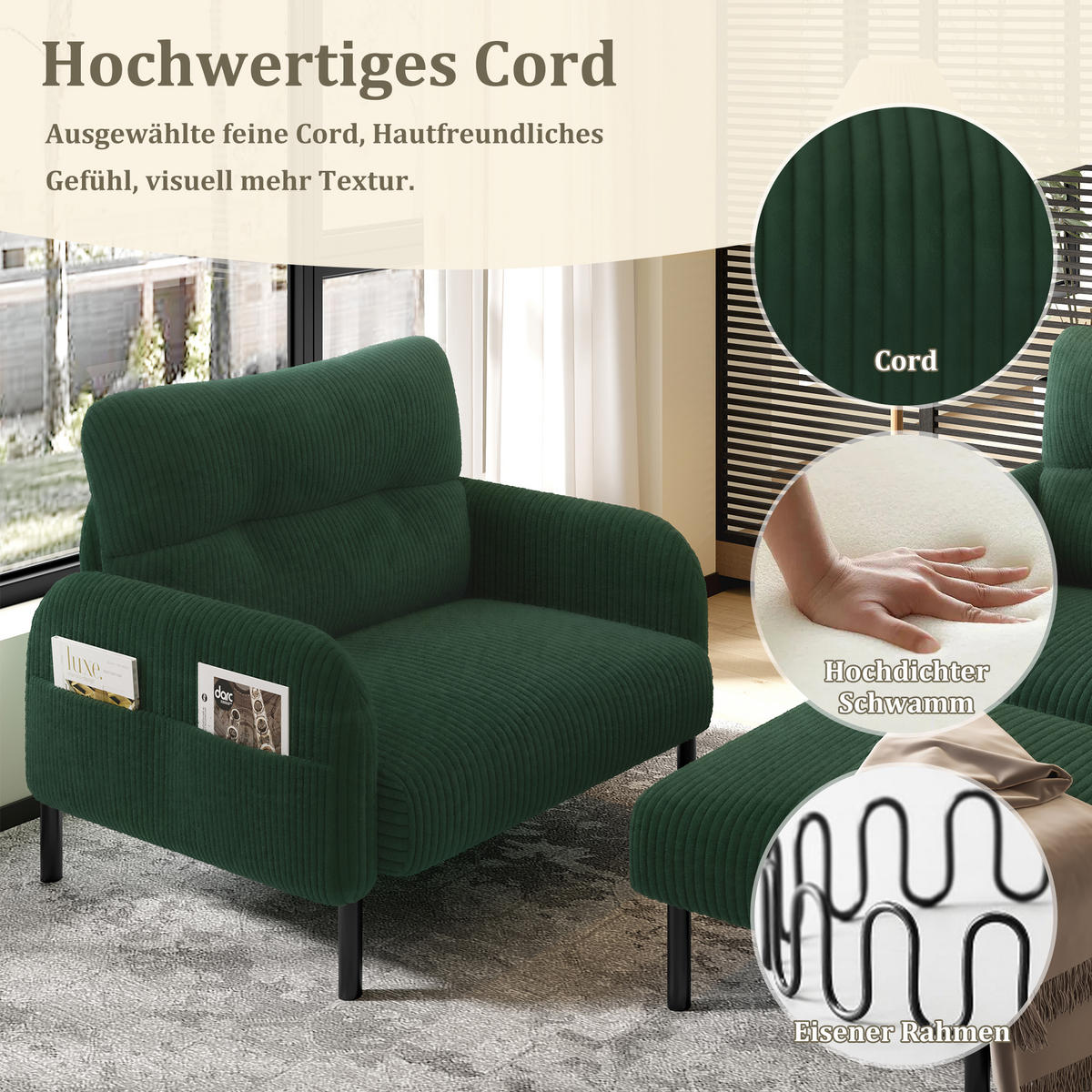 SOFA Set, 2-Sitzer+Sessel+Hocker, Cord, Grün - Schwarz/Grün, Textil/Metall (120/79/75cm) - LVHOM