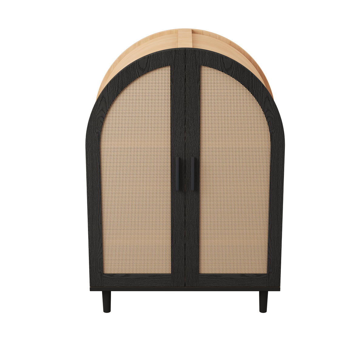SIDEBOARD mit 2 Türen Rattantüren und 3 Regalen abgerundetes Design - Schwarz/Naturfarben, Holzwerkstoff (70/100/40cm) - EVRYAE