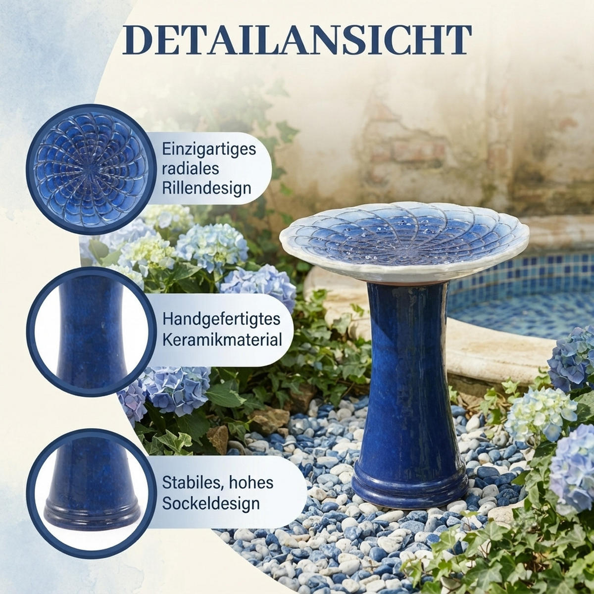 VOGELBAD mit Standfuß, Keramik Ø43/45H cm, Wetterfest, Blau - Dunkelblau, Keramik (43/45/43cm) - LVHOM