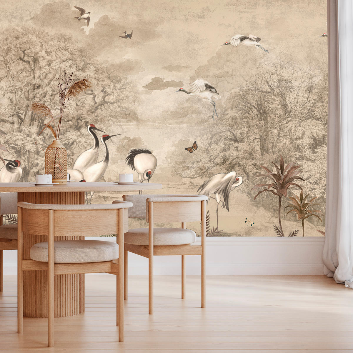 FOTOTAPETE für Schlafzimmer Retro Kraniche Wald Bäume Vögel 350x256 - Beige/Rot, Papier (350/256cm) - Muralo