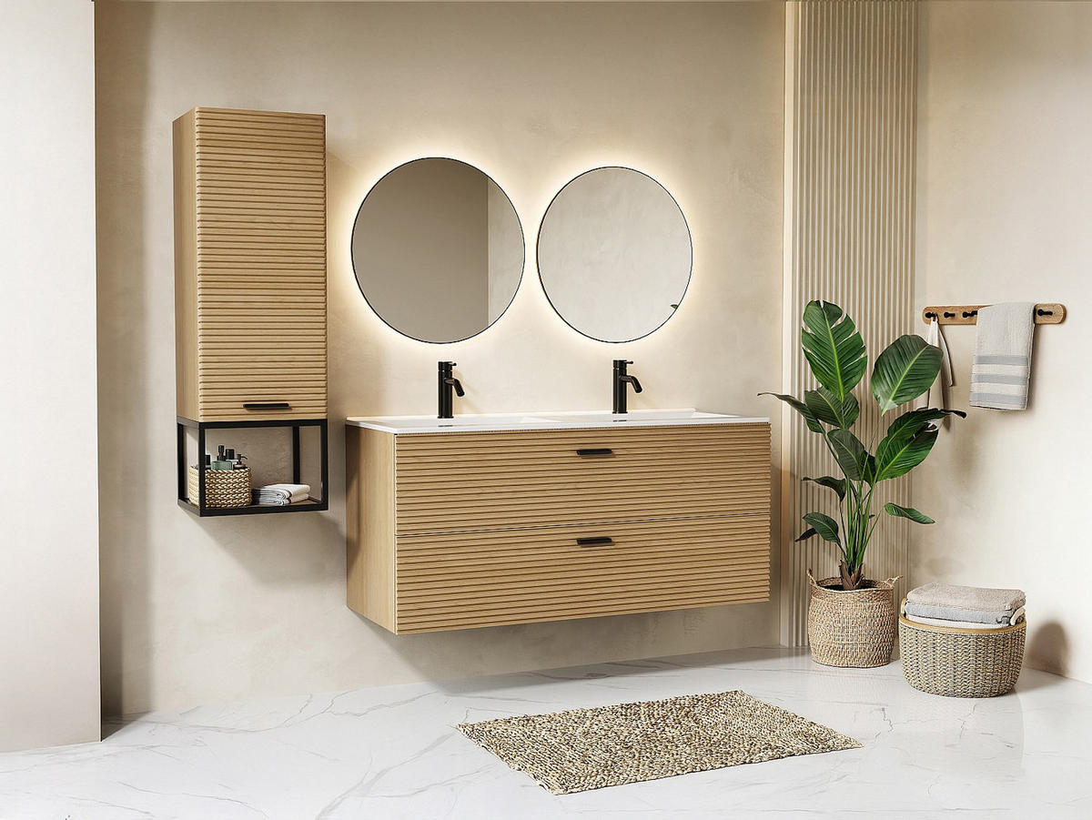 BADMÖBEL-SET - 120 cm x 46 cm - holz - naturfarben hell Sarone - Weiß, Holz (120/55/46cm) - Vente-Unique