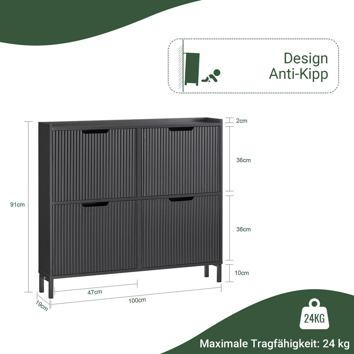 SCHUHSCHRANK mit 4 Klappen schmal 100x91x19cm Schwarz - Schwarz, Holzwerkstoff/Metall (100/91/19cm) - SoBuy