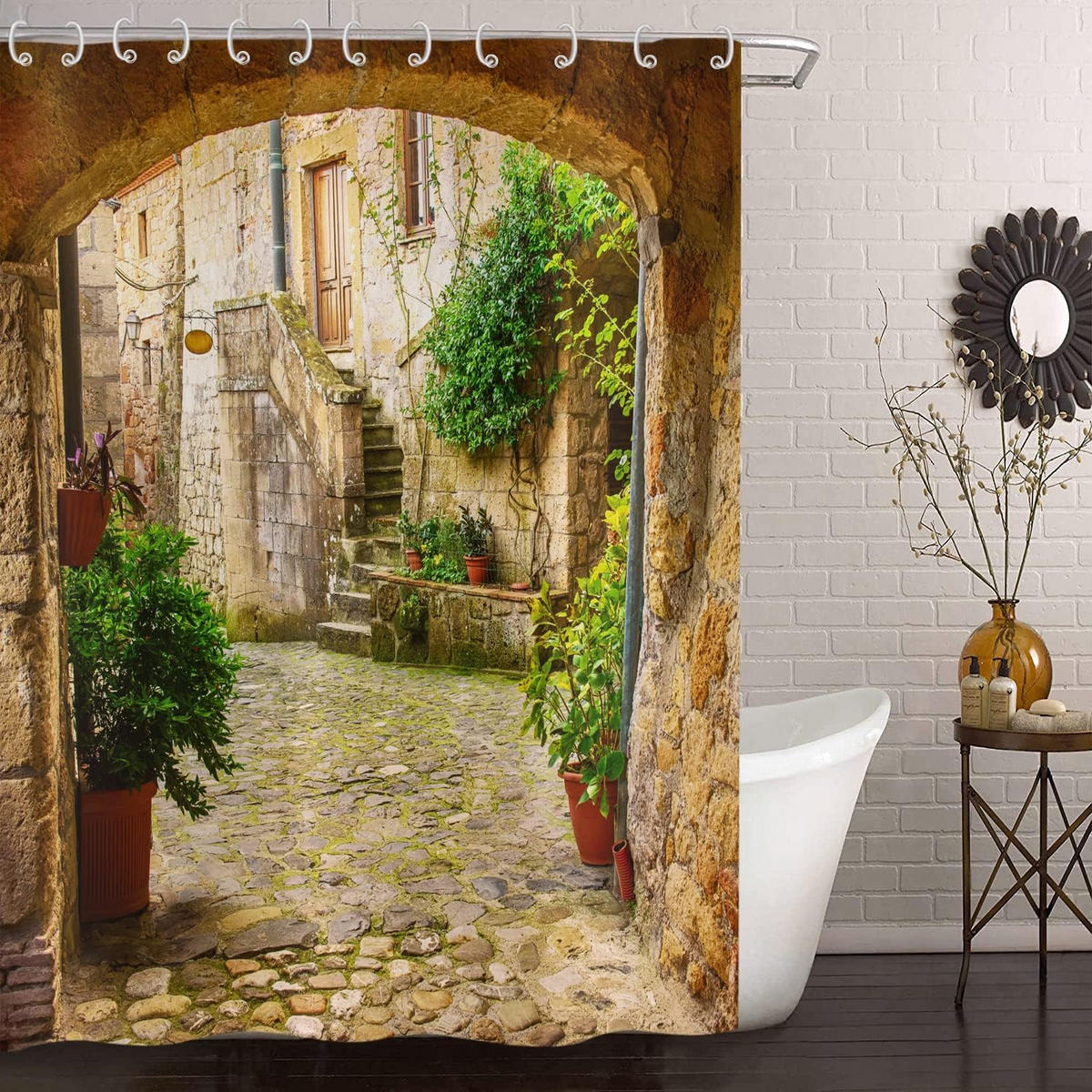 DUSCHVORHANG 3D Pflanzen Landschaft außen wasserdicht Stoff mit Haken Badewanne - Multicolor, Textil (200/180cm) - MCBOSON