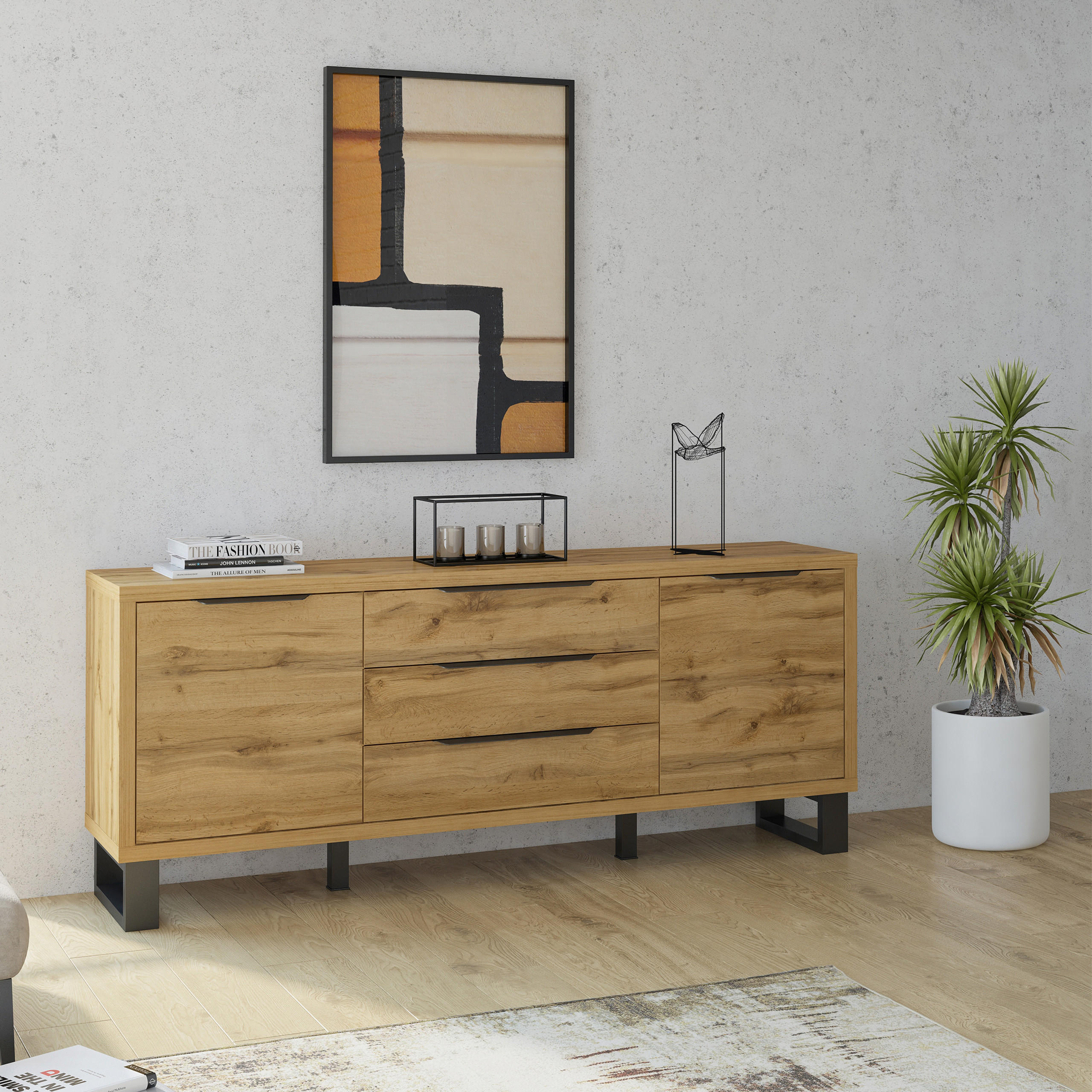 Thumbnail - Masseno Sideboard, Eiche Wotan, Holzwerkstoff, 3 Schubladen, 201x83x45 cm, Wohnzimmer, Kommoden & Sideboards, Sideboards
