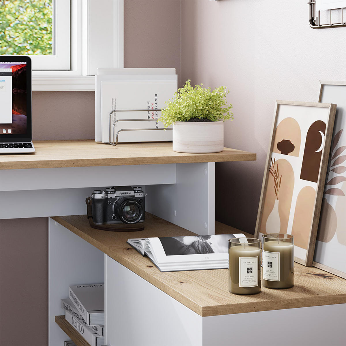 ROHOVÝ PSACÍ STŮL Rudy Bílá/Artisan - bílá, kompozitní dřevo (110/135/75.5cm) - Vicco