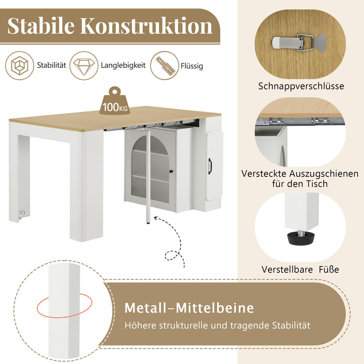 KÜCHENINSEL Mobile & Ausziehbarer Esstisch (4-in-1) mit LED, Steckdose & Stauraum - Weiß, Glas/Holzwerkstoff (83/77/39.6cm) - Urban Meuble