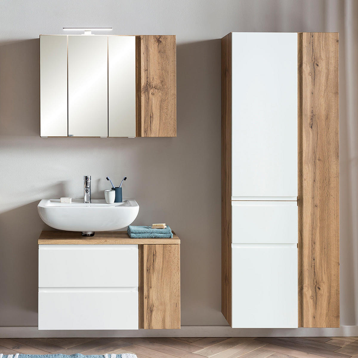 BADMÖBEL-SET 3-TLG. Vasto-03 - Weiß, Holzwerkstoff (165/200/35cm) - Lomado