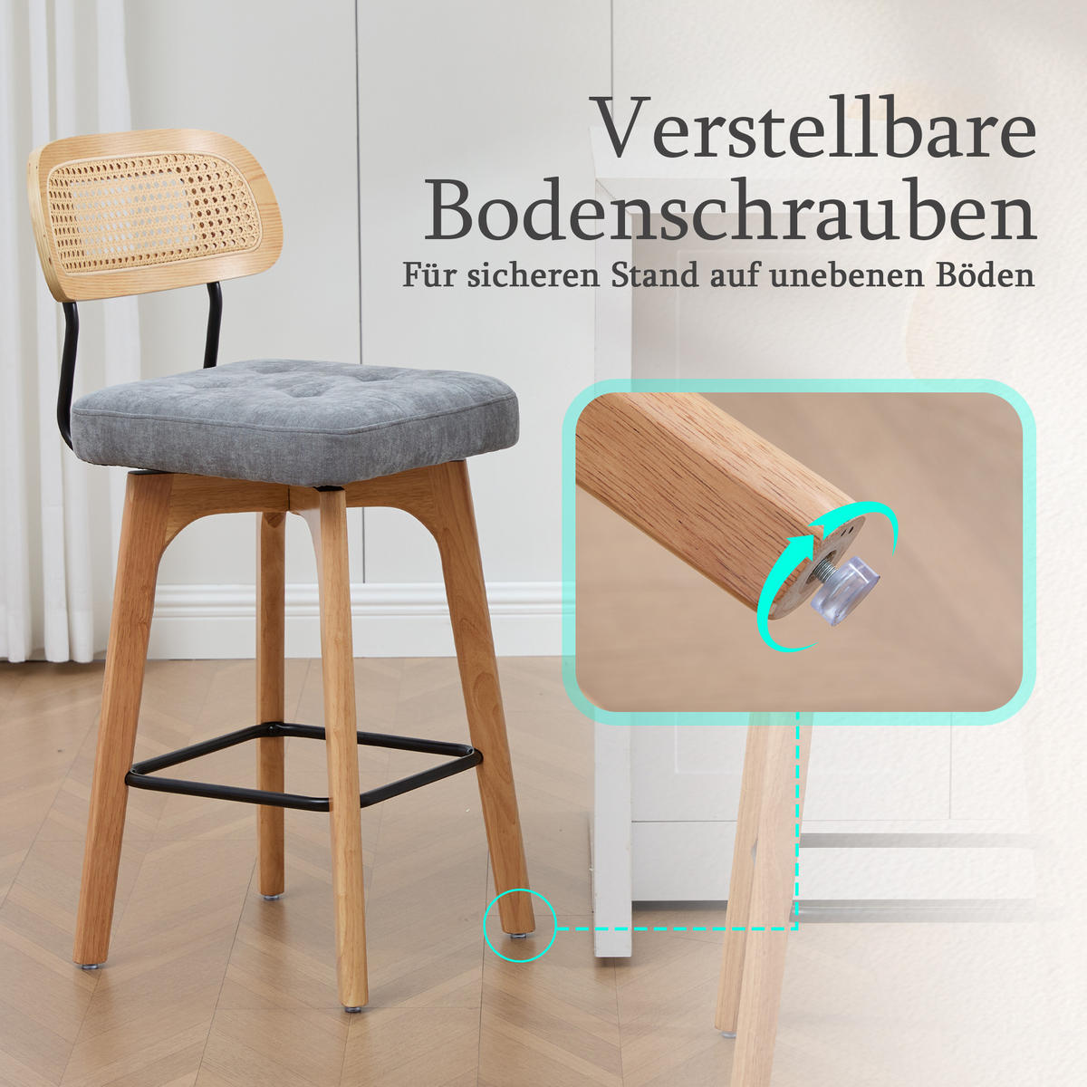 BARHOCKER 2er Set, 360° drehbar, Wiener Geflecht/Chenille, 67,5cm Sitzhöhe, Grau - Wildeiche/Grau, Holz/Textil (44/96/51cm) - LVHOM