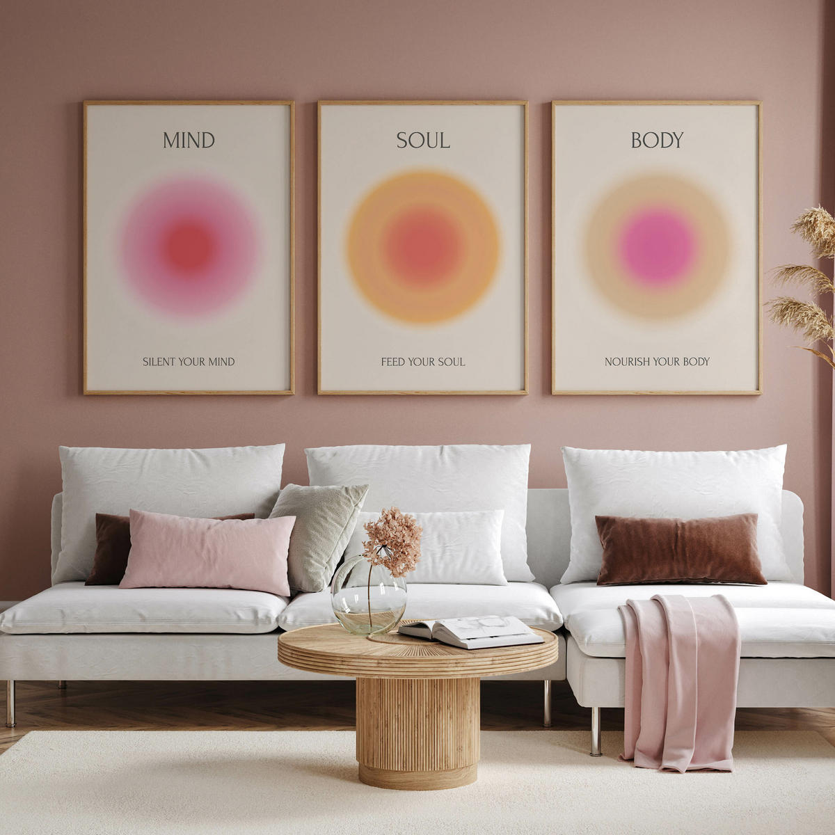POSTER SET Aura Affirmationen Zitate Geist Seele Körper 3x Poster A3 30x42cm - Rot/Rosa, Papier (30/42/42cm) - Muralo