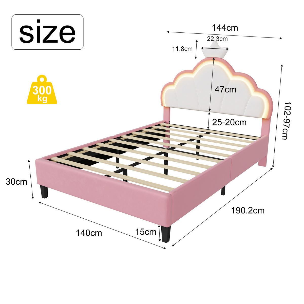 POLSTERBETT 140x190 cm mit höhenverstellbarem Kopfteil & RGB-LED – Doppelbett / Kinderbett für Mädchen, Samt, Rosa - Pink, Holz/Metall (140/190cm) - BursDany