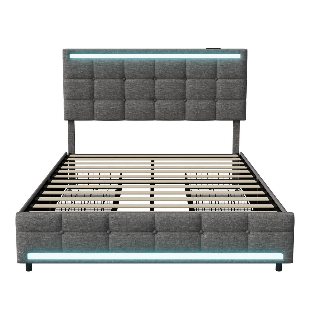 POLSTERBETT 140x200 cm LED USB 4 Schubladen Stauraum Leinen grau - Grau, Holz (140/200cm) - LEBENLANG