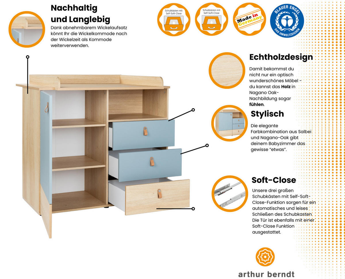 WICKELKOMMODE Roofy - Salbeigrün/Eichefarben, Leder/Holzwerkstoff (101/102/77cm) - arthur berndt