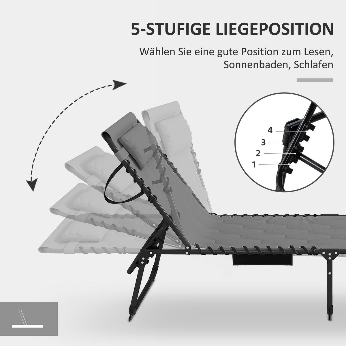 KLAPPBARE Gartenliege mit Kopfkissen, für Garten, Balkon, Oxford, Grau - Grau, Metall (188/36/65cm) - Outsunny