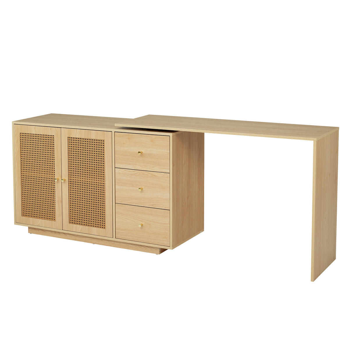 ECKSCHREIBTISCH Weiß 126/40/75 cm L-Form schwenkbar mit Rattantüren - Naturfarben, Holzwerkstoff (40/126/75cm) - PANGIVO