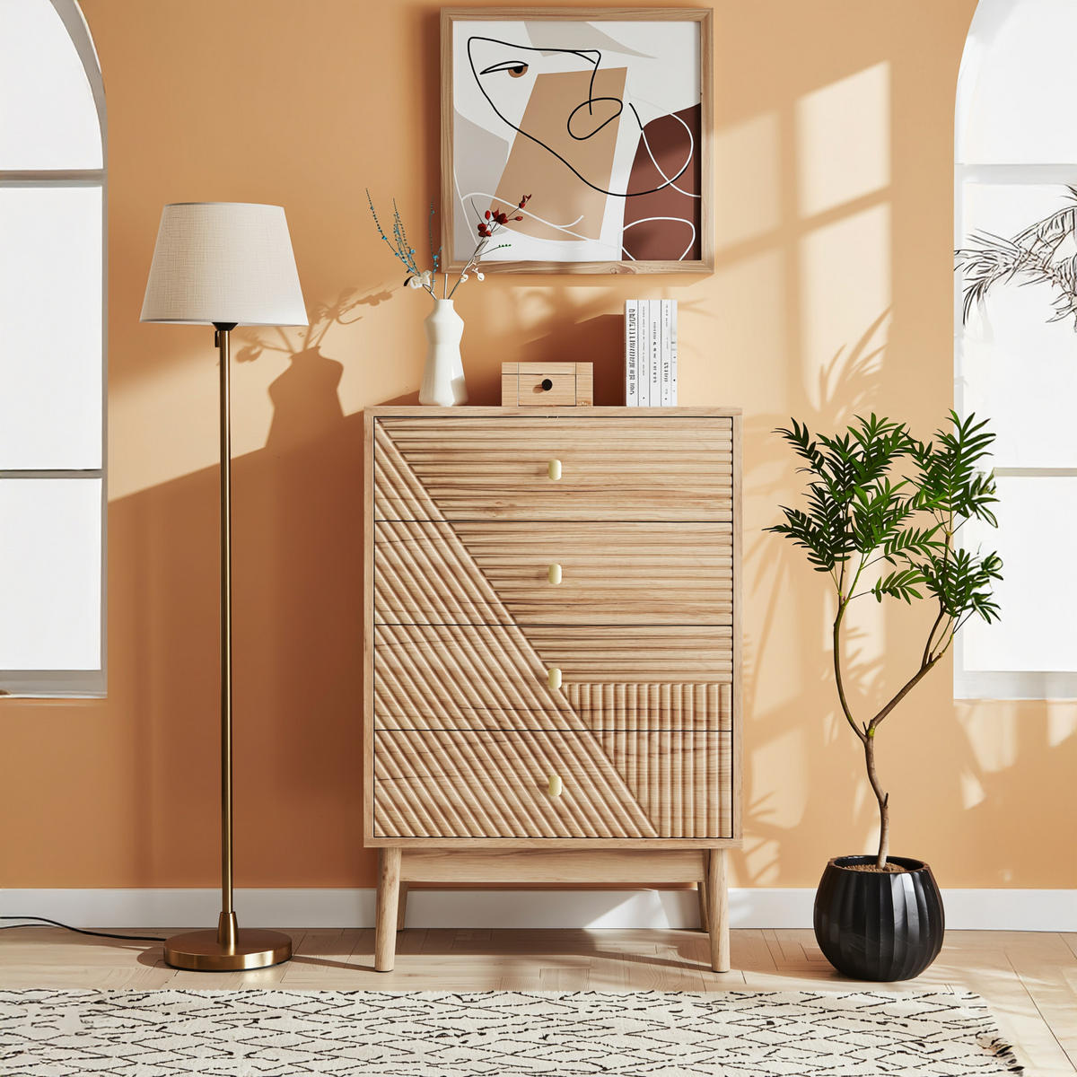 KOMODA 60 cm hrast – predalnik s 4 predali in lesenimi nogami, moderna - barve hrasta, leseni material (60/90/40cm) - Urban Meuble