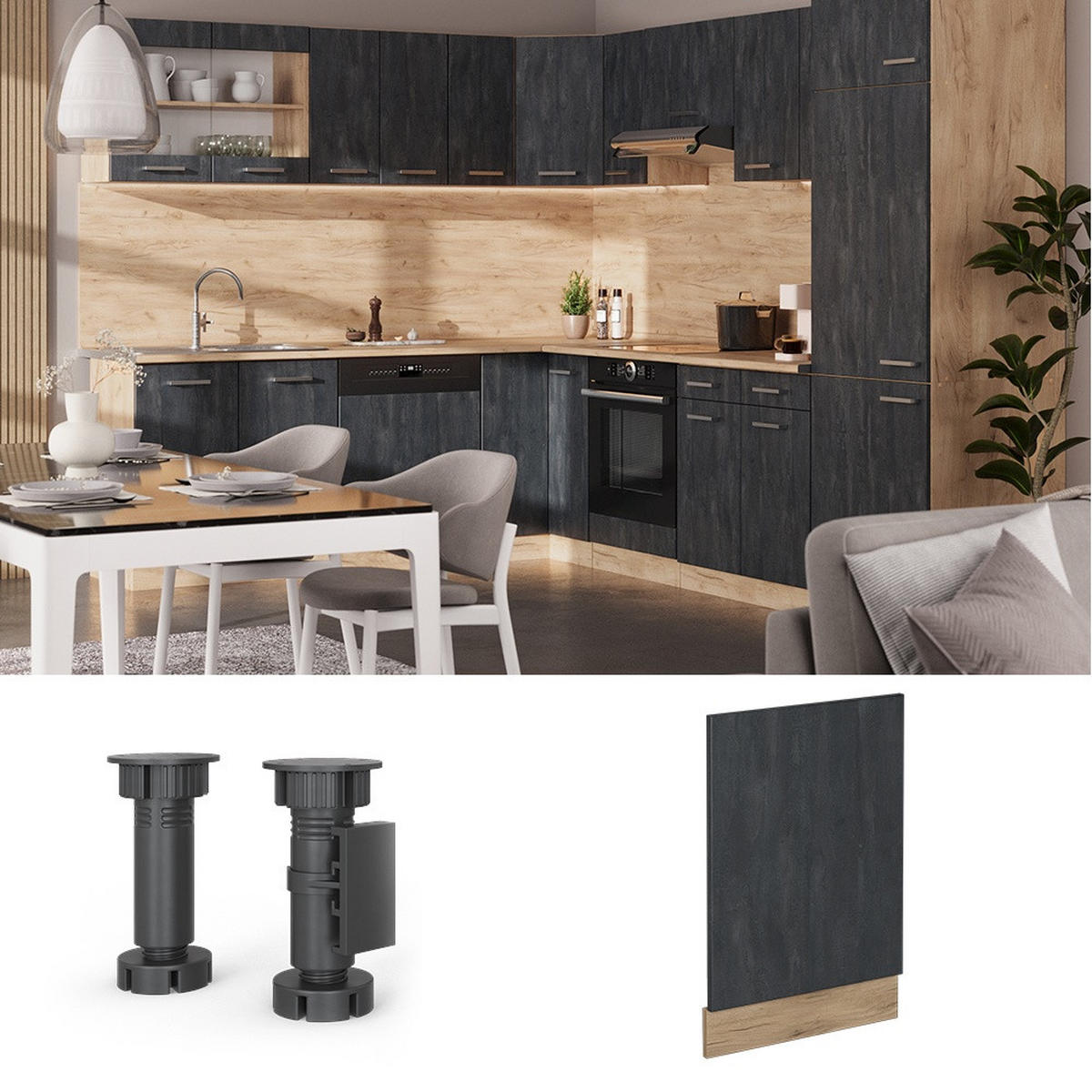 PŘEDNÍ PANEL R-Line Černý beton 45 cm Bez pracovní desky - medově dubová/černá, kompozitní dřevo (45/57.2/1.6cm) - Vicco