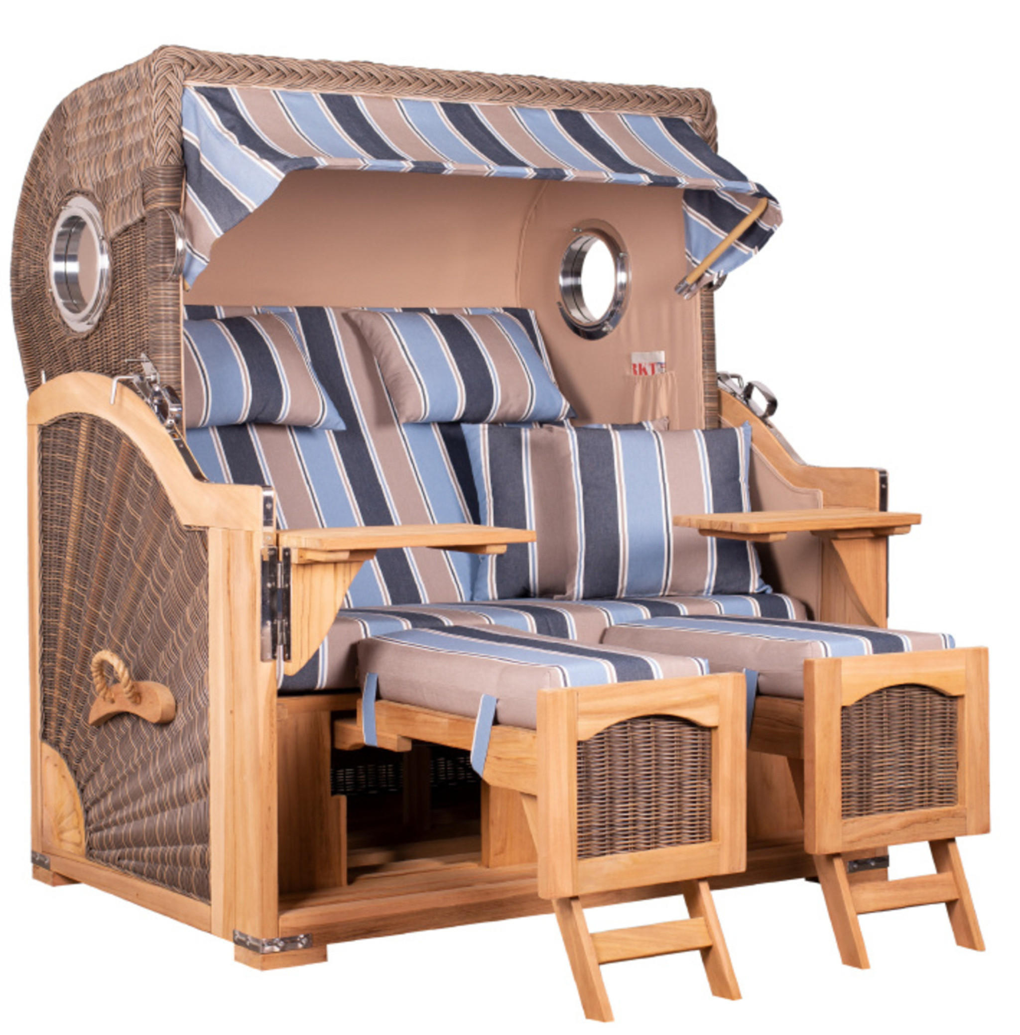 STRANDKORB Düne Grande Bullauge Teak PE Grey Dessin 580 - Blaugrau/Braun, Metall (142/170/95cm) - Mr. Deko