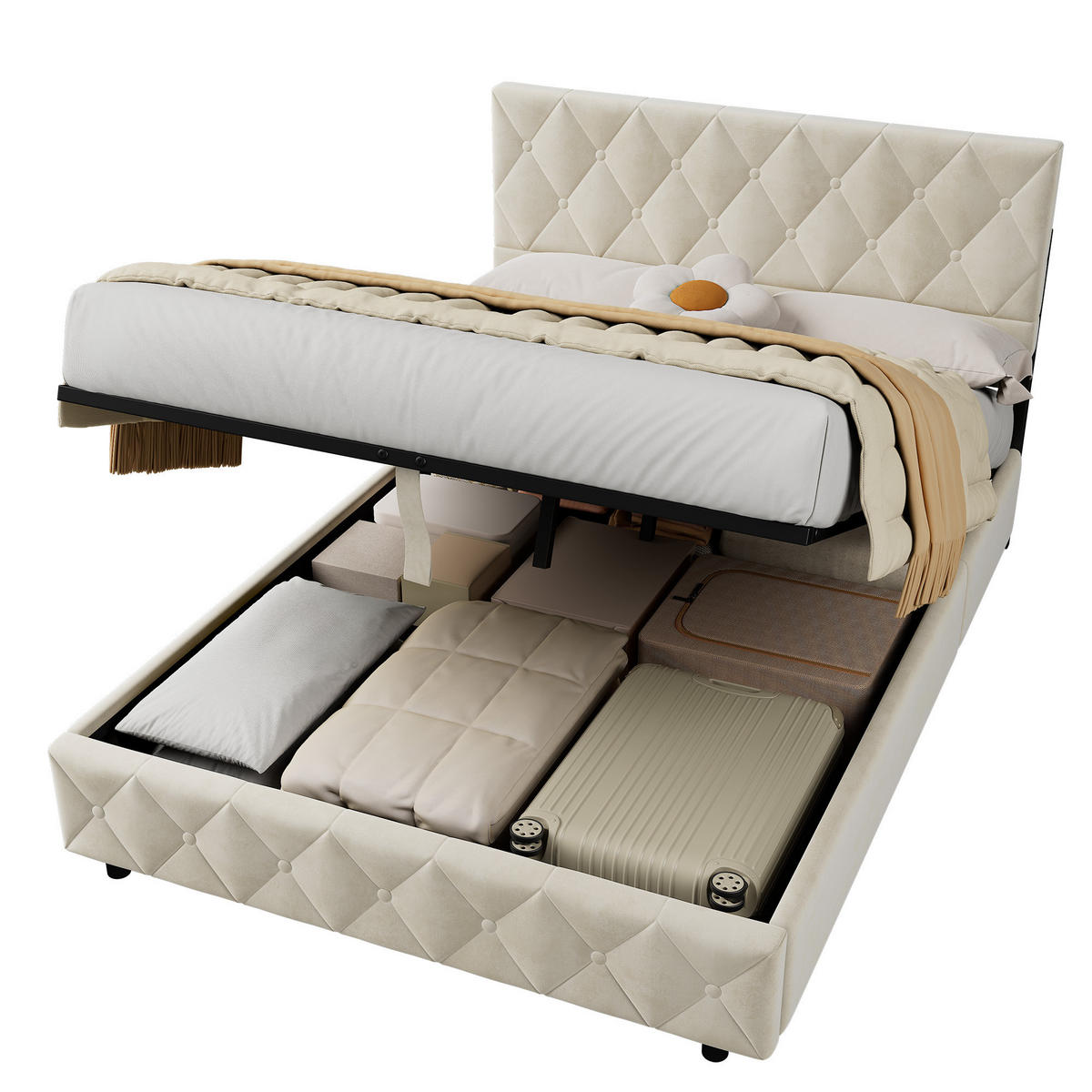 POLSTERBETT 140/200 cm in Beige Samt mit Bettkasten, hydraulischem Doppelhub-System und Lattenrost - Beige, Holzwerkstoff/Textil (140/200cm) - CHICFURN