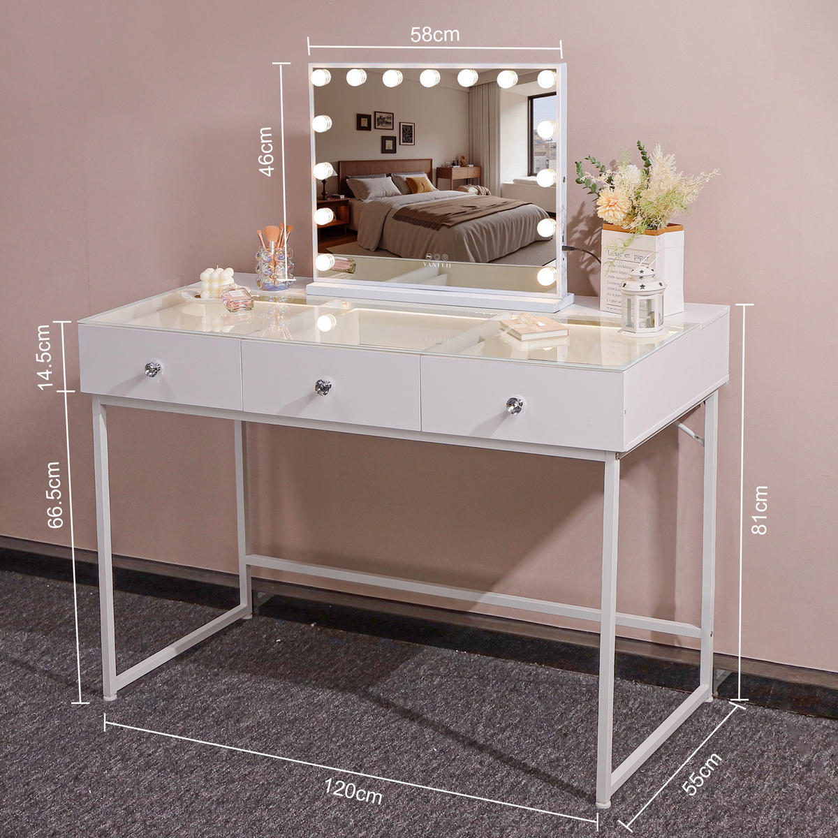 SCHMINKTISCH mit 3 Schubladen 115/55/81 CM und LED Beleuchtung Schminkspiegel Lichtleiste weiß 58/46 cm - Weiß, Holz (55/81/115cm) - VANITII