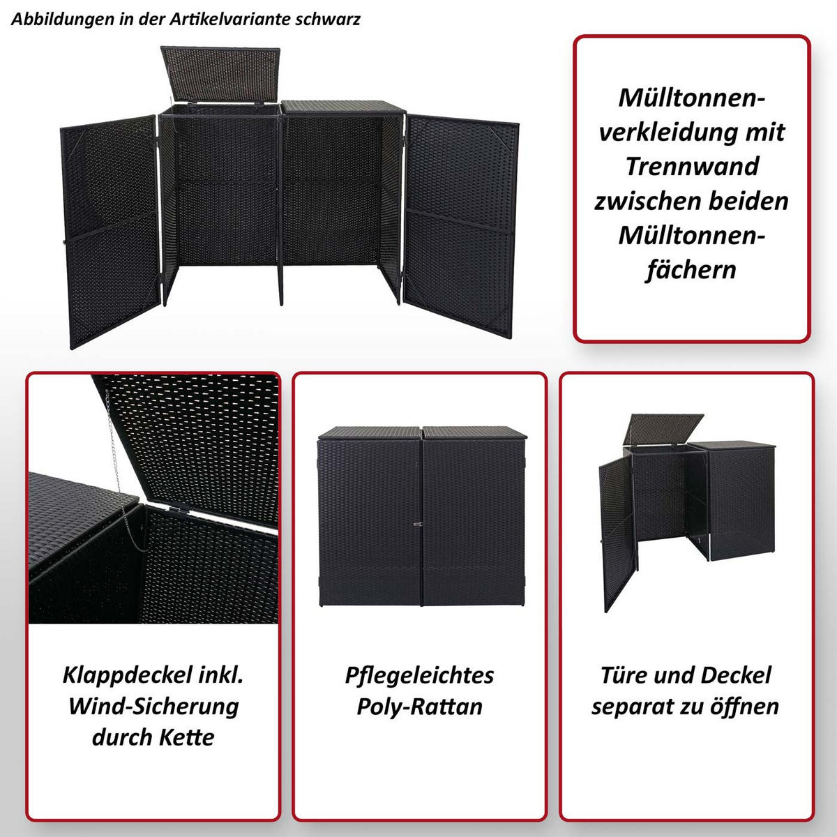 2ER-MÜLLTONNENVERKLEIDUNG Schwarz - Schwarz, Kunststoff (130/176/131cm) - MCW