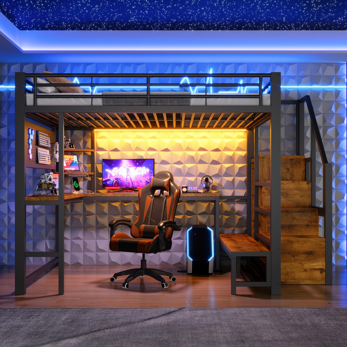 HOCHBETT 140/200 cm Schwarz mit Schreibtisch, trapezförmiger Schrank und LED-Beleuchtung - Schwarz, Metall (140/200cm) - Oxeza
