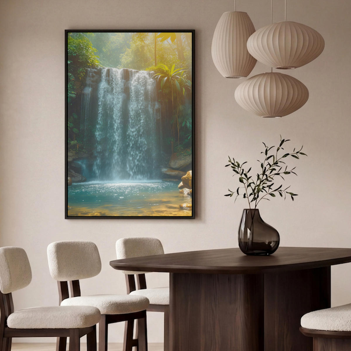 LEINWAND Bilder mit Rahmen - Wasserfall - Dschungel - Sonne - Grün - Natur - 80x120 - Grün, Textil (80/120cm) - MuchoWow