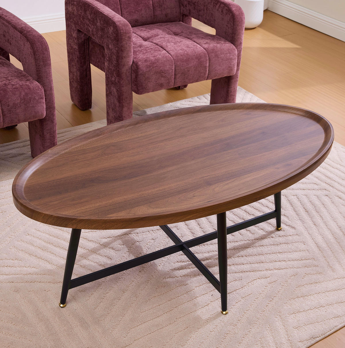 COUCHTISCH, ovale MDF-Tischplatte in Braun mit schwarzem Metallgestell, skandinavisch-minimalistisch, 110/55/45 cm,Braun - Braun, Holzwerkstoff (55/110/45cm) - Redom