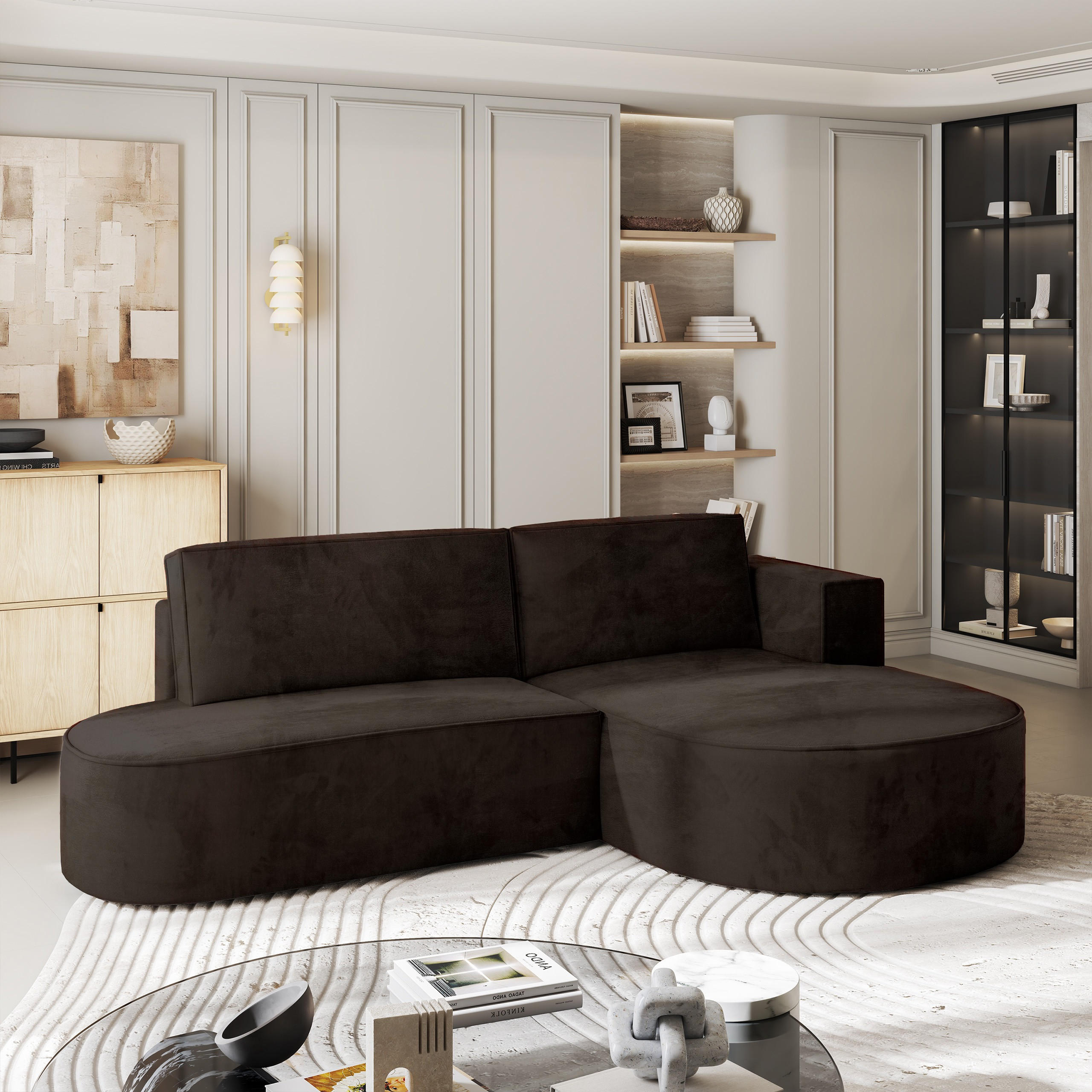 ECKSOFA CORTIO M R-S Braun Velours-Stoff mit Schlaffunktion - Braun, Holz (265/174cm) - MASSENO