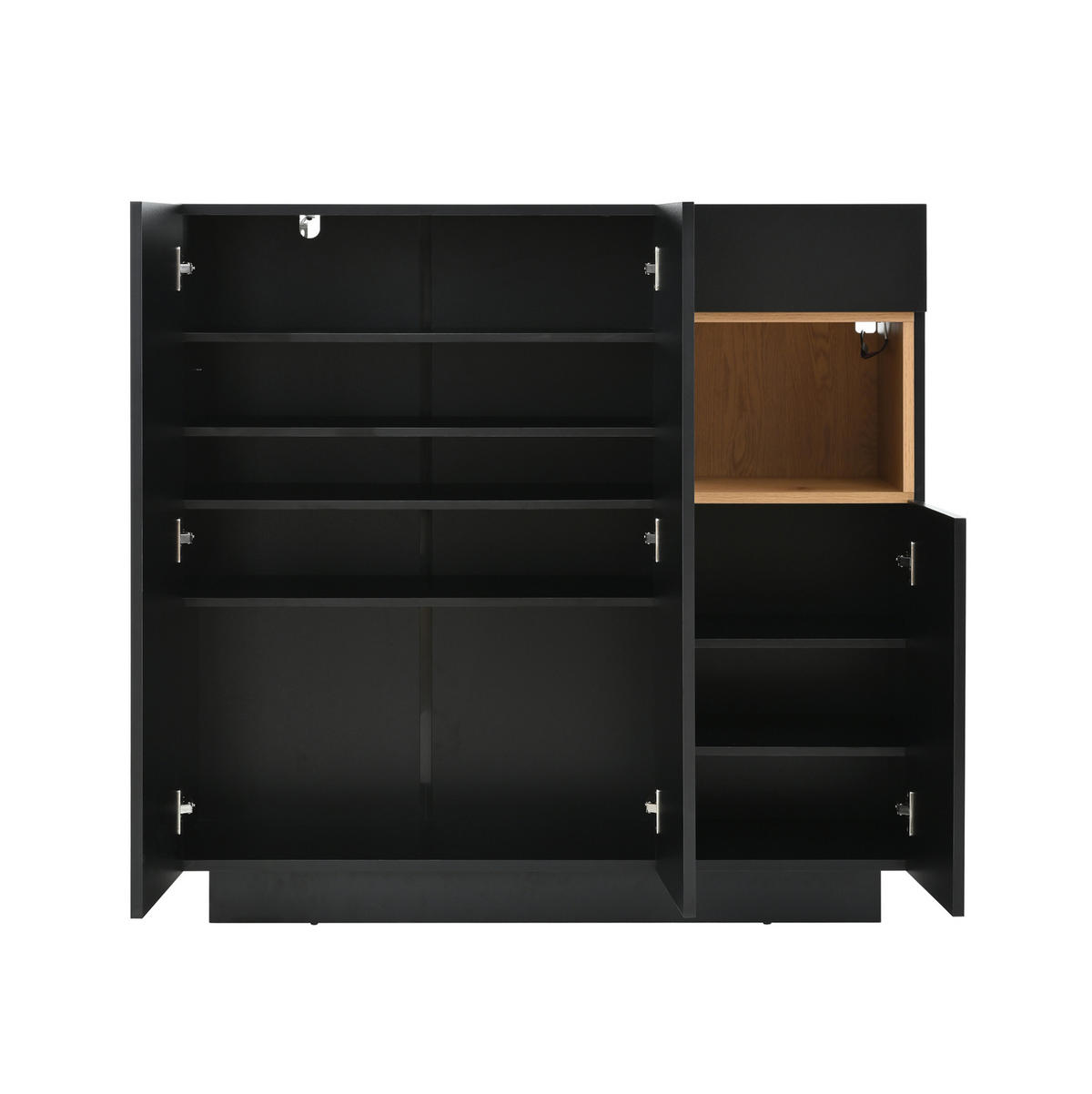 SCHUHSCHRANK in Schwarz und Naturfarben Schuhkommode mit LED-Beleuchtung für 14–18 Paar Schuhe, B105/T39.5/H100.5 cm - Schwarz/Naturfarben, Holzwerkstoff/Metall (105/100.5/39.5cm) - STILVORA