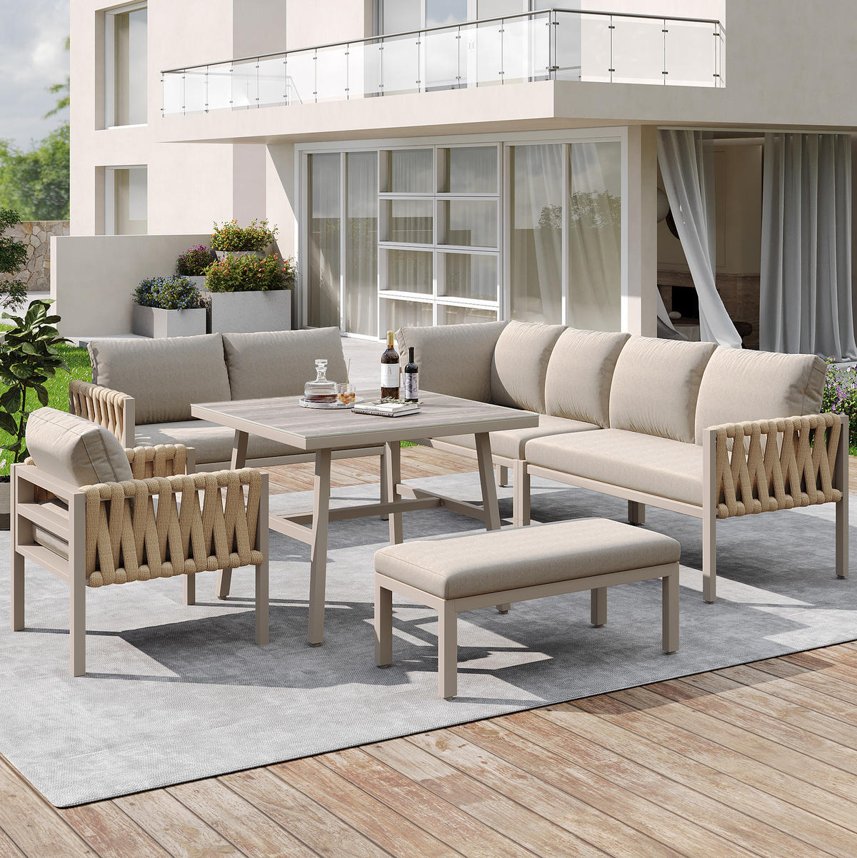 GARTENMÖBEL 238x61x78cm beige aus Eisen und mit Kissen - Beige, Metall - Modfu