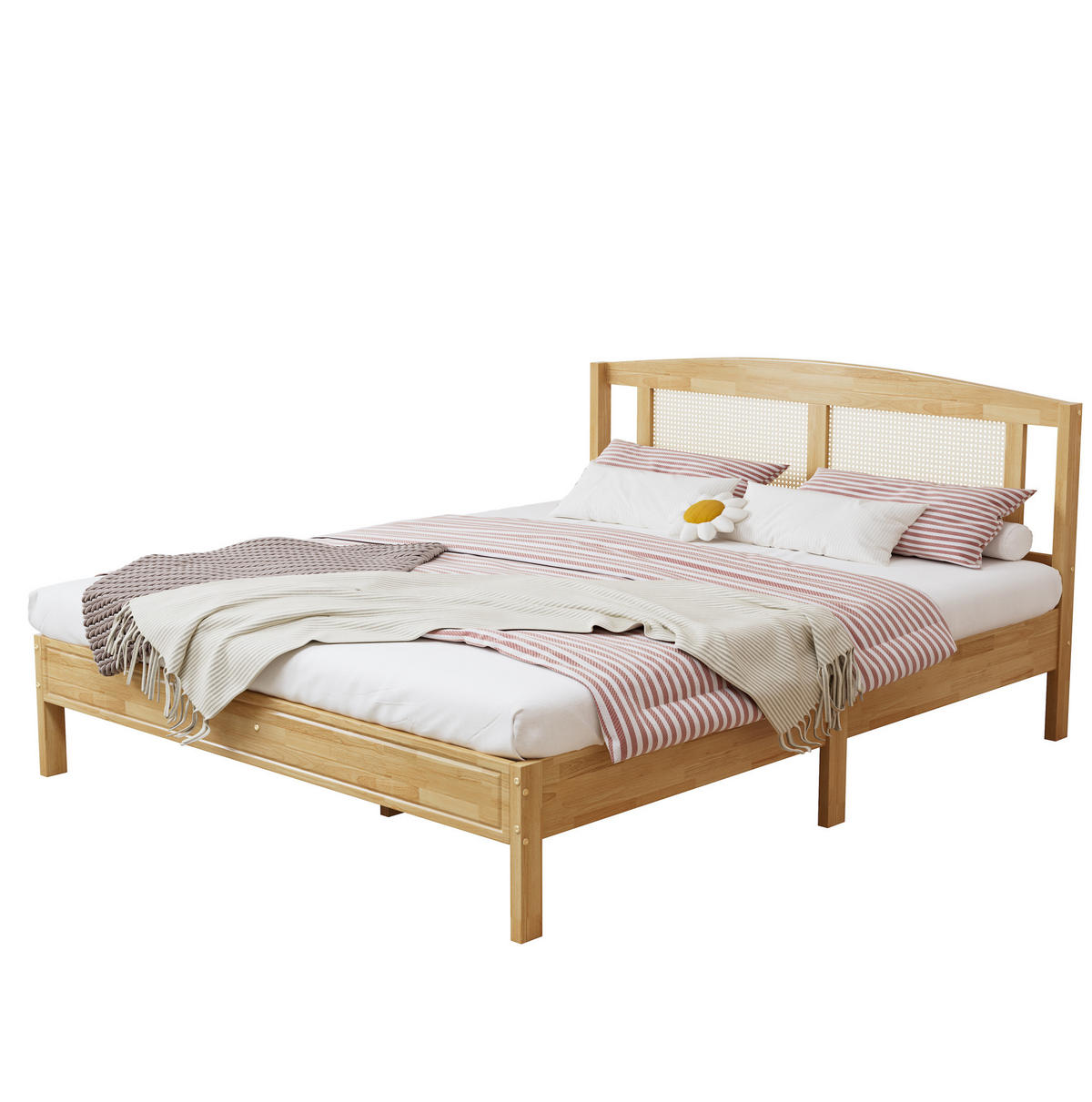 ČALÚNENÁ posteľ z ratanu, 160/200 cm, prírodná, s lamelovým roštom a stredovými nohami - prírodná farba, kompozitné drevo (160/200cm) - BEAOK