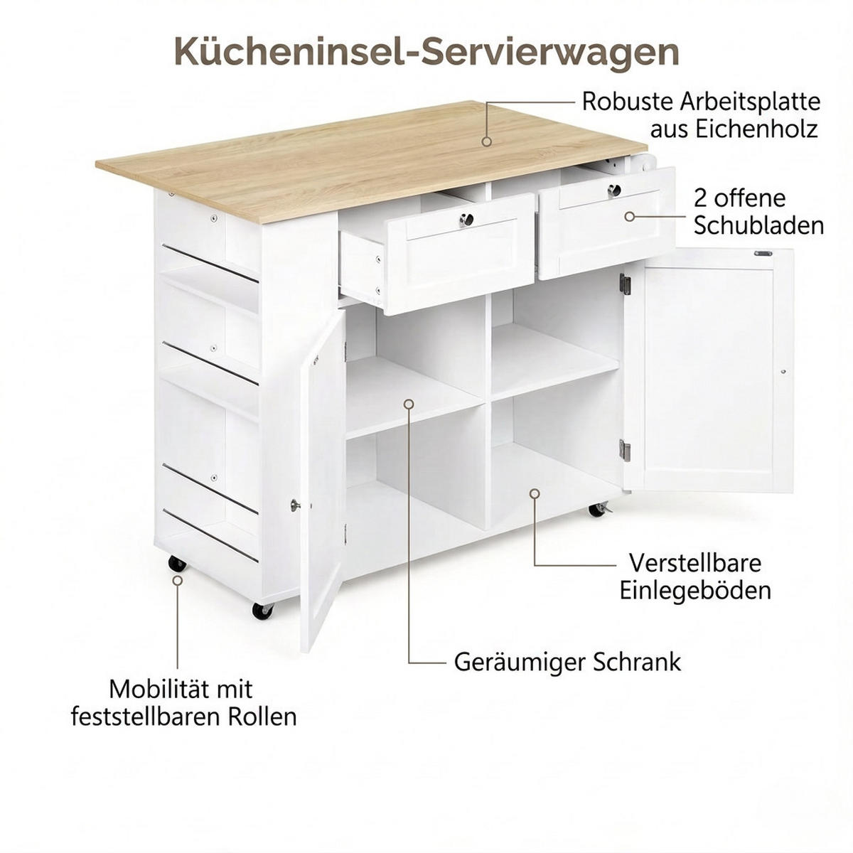 KÜCHENINSEL 101/62/86 cm Weiß mit Klappbarer Arbeitsplatte und 2 Schubladen - Weiß, Holz (62/86/101cm) - Oxeza