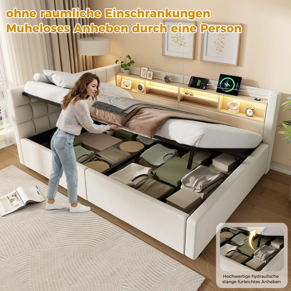 TAGESBETT 140x200cm Schlafsofa Hydraulik LED USB Beige - Beige, Naturmaterialien (140/200cm) - FLIEKS