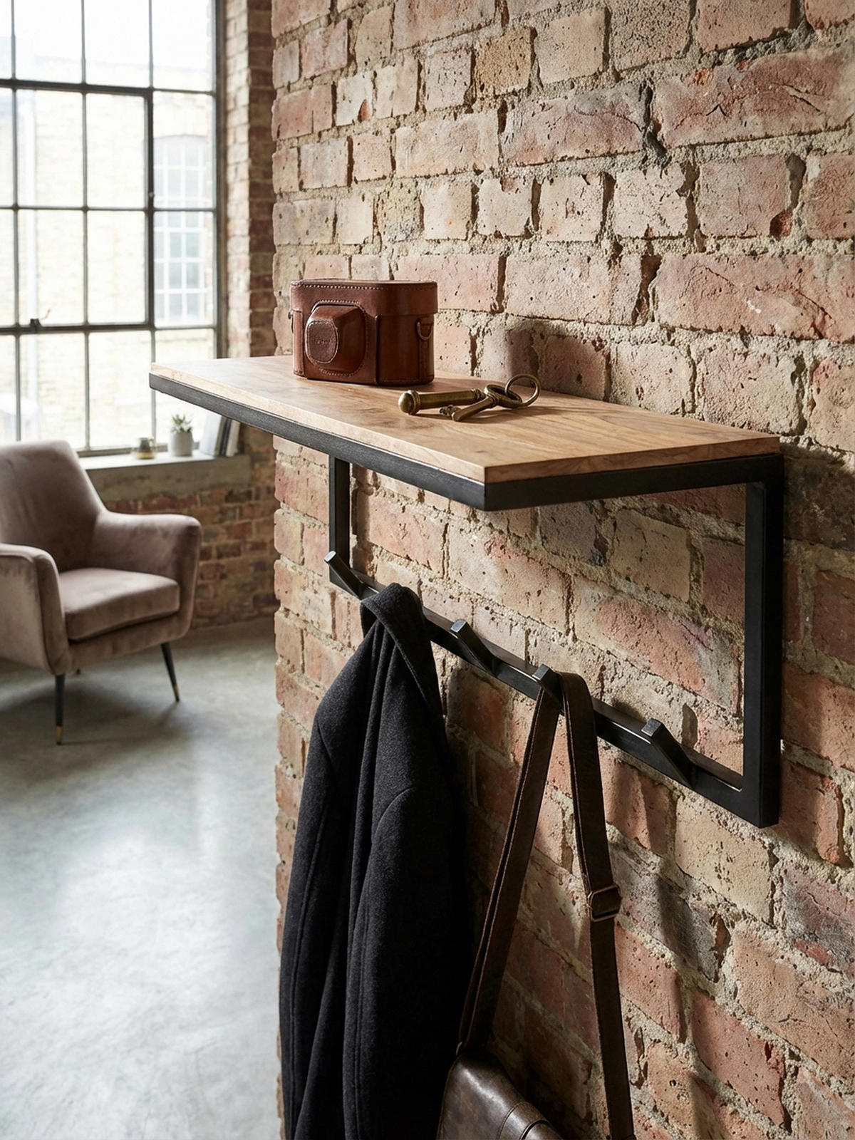 WANDGARDEROBE Akazie Massivholz Metall Modern 70x27x30 cm mit Hakenleiste und Ablage - Beige, Holz/Metall (70/27/30cm) - KADIMA DESIGN