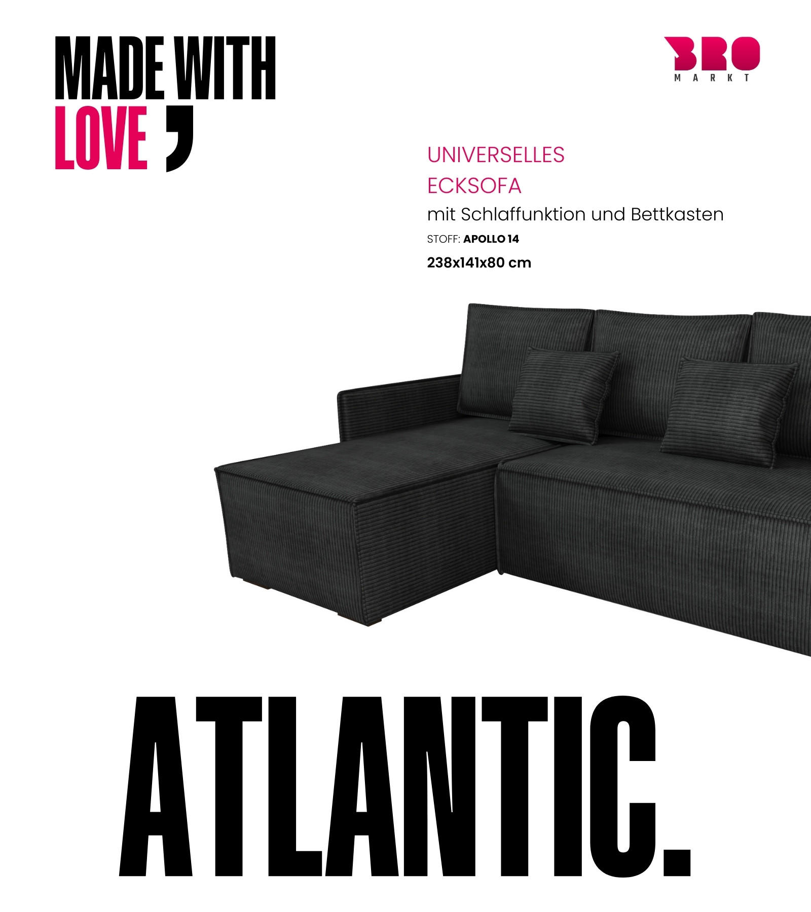 ECKSOFA Atlantic mit Schlaffunktion Schwarz Cord - Schwarz, Textil (238/141cm) - Bromarkt